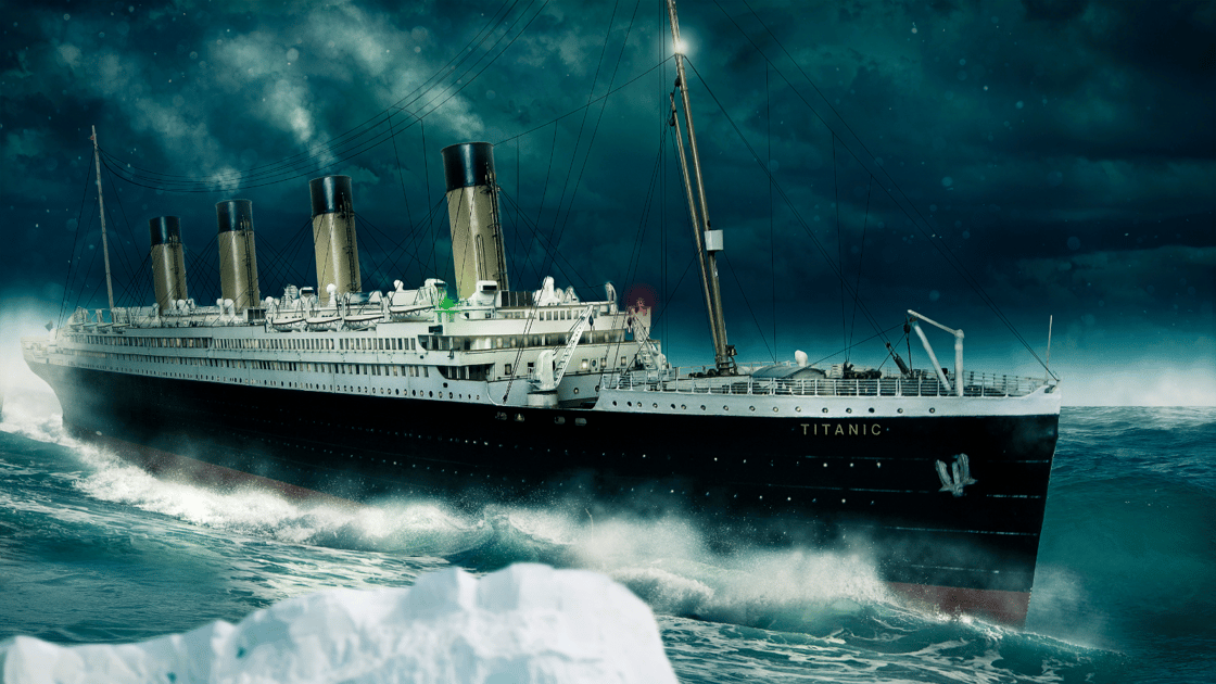 illustration of the titanic at night with iceberg in the foreground